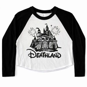 Deathland Disneyland Goth Skull Castle Raglan Baseball Crop Tee XS/S Spooky